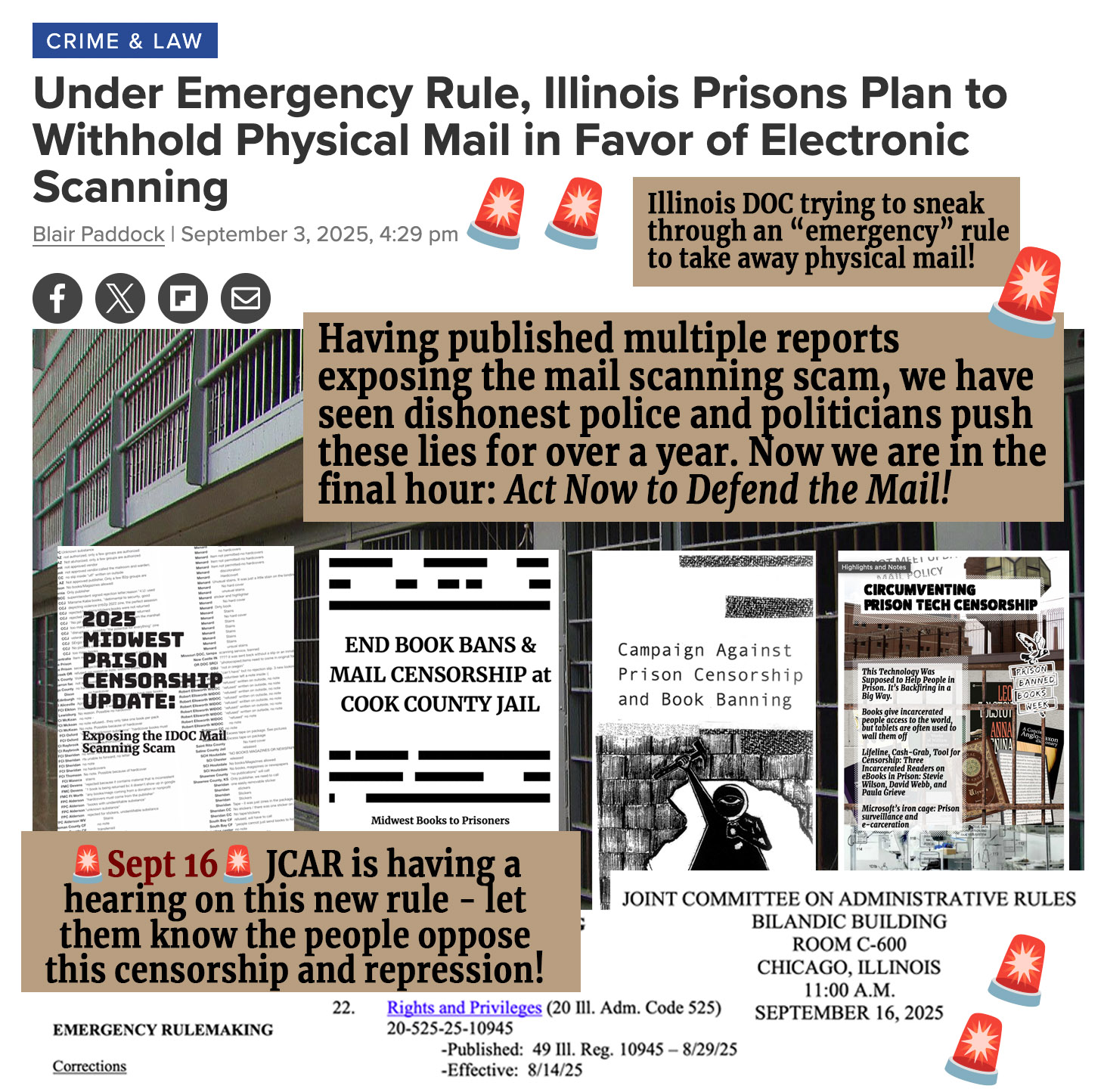 flyer announcing opposition to new idoc emergency rule to ban physical mail